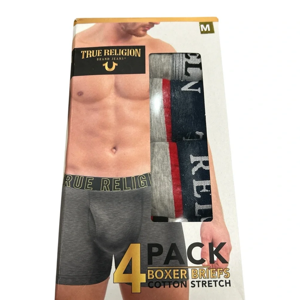 True Religion Men's 4-Pack Cotton Stretch Boxer Briefs - Gray/Black/Red M